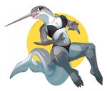 anthro bikini biped clothing facial_horn female fin fings grey_body grey_skin horn nose_horn simple_background solo swimwear tail tail_fin two-piece_swimsuit fivel cetacean dolphin mammal marine monodontid narwhal oceanic_dolphin toothed_whale hi_res