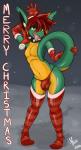 anthro armwear blonde_highlights bulge christmas_clothing christmas_headwear clothed clothing collar ear_tuft elbow_gloves femboy front_view gloves green_body green_skin hair handwear hat headgear headwear highlights_(coloring) holding_tail holiday_message holidays inner_ear_fluff legwear looking_at_viewer male navel nipples orange_eyes outside pattern_armwear pattern_clothing pattern_legwear plantigrade pose raised_arm raised_tail red_hair santa_hat skimpy smile snow solo spiked_collar spikes standing stockings striped_armwear striped_clothing striped_legwear stripes tail teasing text thong tongue tongue_out topless tuft underwear wide_hips yellow_body yellow_skin yifftrooper501 christmas trooper_(yifftrooper501) hybrid reptile scalie 2016 english_text full-length_portrait hi_res portrait