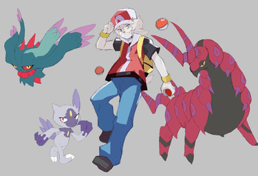 2_horns anthro backpack black_clothing black_footwear black_shoes blue_bottomwear blue_clothing blue_pants bottomwear claws closed_smile clothed clothing eyewear footwear fur fur_markings glasses grey_background grey_body group hair hat headgear headwear horn male markings mouth_closed pants pink_eyes pink_horn pokeball purple_body purple_fur red_body red_clothing red_eyes red_hat red_headwear red_sclera round_glasses scut_tail shirt shoes short_tail simple_background smile standing tail topwear wearing_glasses white_body white_fur white_hair wristband yellow_backpack yellow_eyes yellow_sclera yellow_wristband tamdagoat nintendo pokemon tam_tam_(tamdagoat) ancient_pokemon bovid caprine flutter_mane generation_5_pokemon generation_8_pokemon generation_9_pokemon goat hisuian_form hisuian_sneasel mammal paradox_pokemon pokemon_(species) regional_form_(pokemon) scolipede 2024