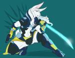 armor clothed clothing crouching femboy gun hair handgun long_hair male melee_weapon pistol ranged_weapon science_fiction simple_background skimpy solo sword weapon kindreddemon lagomorph leporid mammal rabbit hi_res signature