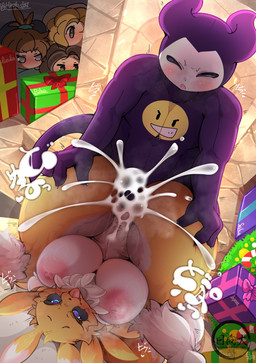 anthro big_breasts blue_eyes bodily_fluids breasts cum cum_inside duo female fur genital_fluids genitals green_eyes holidays male male/female nipples piledriver_position purple_body sex vulva yellow_body yellow_fur hinata_sakamoto bandai_namco digimon rika_nonaka rumiko_nonaka seiko_hata digimon_(species) impmon renamon hi_res