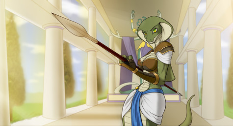 angry anthro apode armor bottomwear clothing fangs female green_body green_eyes legless loincloth scales serpentine solo split_form teeth temple weapon zombot_art european_mythology greek_mythology mythology draconcopode gorgon lamia reptile scalie snake hi_res