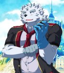 anthro clothing fur gloves handwear humanoid_hands kemono male outside shirt solo topwear white_body white_fur mist_billow knights_college paul_pfitzner bear mammal polar_bear ursine 2021