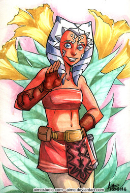 adolescent bandeau blue_eyes blue_lekku bottomwear clothing collarbone crop_top female gesture lightsaber looking_at_viewer melee_weapon midriff miniskirt navel not_furry orange_body orange_skin shirt skirt solo topwear tube_top waving weapon white_lekku young aimo_(artist) star_wars star_wars:_the_clone_wars ahsoka_tano alien humanoid togruta