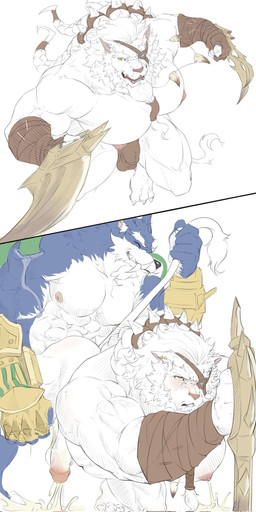 anal anal_penetration anthro blue_body blue_fur blush bodily_fluids clothing cum cum_while_penetrated duo ejaculation erection fangs fur genital_fluids genitals glans gloves hands-free handwear humanoid_genitalia humanoid_penis jewelry lactating male male/male male_lactation male_penetrated melee_weapon muscular muscular_male necklace nipples pecs penetration penis smile sword tail tail_pull teeth underwear weapon white_body white_fur leoles league_of_legends riot_games tencent rengar_(lol) warwick_(lol) canid canine canis felid lion mammal pantherine wolf 1:2 hi_res