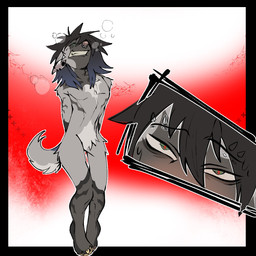 anthro black_hair bodily_fluids claws clenched_teeth ear_piercing ear_ring eyebrow_piercing eyebrow_through_hair eyebrows facial_piercing featureless_chest featureless_crotch fluffy fluffy_tail front_view fur gradient_hair green_eyes grey_body grey_fur hair hands_behind_back head_back looking_at_viewer male medium_hair nude_anthro nude_male piercing purple_hair red_background ring_piercing simple_background slim solo standing sweat sweatdrop tail teeth toe_claws translucent translucent_hair white_background gurocuck canid canine canis mammal wolf 1:1 hi_res