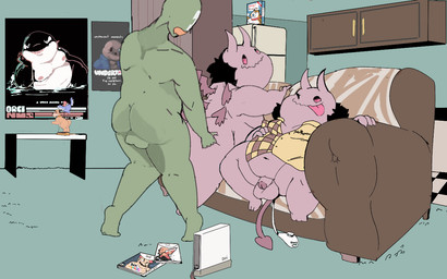 anal anal_penetration anthro backsack balls bone butt clothed clothing discarded_clothing electronics flaccid foreskin game_console genitals groping_from_behind group hair humanoid_genitalia humanoid_penis looking_pleasured male male/male moobs nipples nude overweight partially_clothed partially_retracted_foreskin penetration penis poster sex sex_toy skeleton slightly_chubby text wings shamelesss duck_hunt nintendo undertale undertale_(series) wii anon duck_hunt_dog sans_(undertale) aquatic cetacean human mammal monster 16:10 english_text widescreen