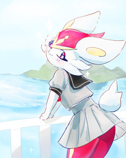 anthro blush blush_lines butt clothing female fur looking_at_viewer looking_back red_eyes school_uniform sea smile solo sparkles tail uniform water white_body white_fur maaomei nintendo pokemon cinderace generation_8_pokemon lagomorph mammal pokemon_(species) 2026 4:5 hi_res