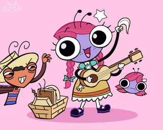 acoustic_guitar antennae_(anatomy) anthro basket black_clothing black_footwear black_hair black_shoes brown_clothing brown_sweater brown_topwear chilean clothing container dress duo female footwear gloves guitar hair handwear hat headgear headwear male male/female musical_instrument picnic_basket pink_hair plucked_string_instrument purple_body purple_skin string_instrument sweater topwear white_clothing white_gloves white_handwear yellow_clothing yellow_dress mags-niac disney the_buzz_on_maggie maggie_pesky snapercival_carpenter ant arthropod fly_(animal) hymenopteran insect hi_res