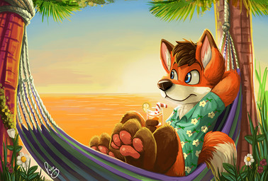 anthro beach beverage blue_clothing blue_eyes blue_topwear brown_hair clothed clothing dipstick_ears ear_markings fur glistening glistening_eyes hair hammock hand_behind_head holding_beverage holding_object leg_markings logo male markings mouth_closed multicolored_ears orange_body orange_fur outside palm_tree plant short_hair socks_(marking) solo sunset topwear tree white_body white_fur young young_anthro young_male pandapaco canid canine fox mammal artist_logo signature