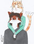 affectionate anthro arms_around_neck big_breasts black_nose bodily_fluids breasts brown_eyes brown_hair clothed clothing cuddling duo female fur green_clothing grey_clothing hair long_hair male male/female mature_female orange_body orange_fur size_difference smaller_female smile sweat sweatdrop tail tail_motion tailwag white_body white_fur white_hands xefino adrien_warmher akizuki_(xefino) canid canine canis domestic_cat felid feline felis fox hybrid mammal wolf absurd_res hi_res