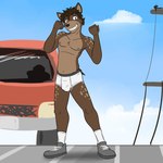 1:1 anthro briefs brown_body brown_eyes brown_fur brown_hair brown_nose bulge car clothed clothing footwear fur fuze grey_clothing grey_footwear grey_shoes grey_sneakers hair hi_res hyena male mammal navel nipples open_mouth outside pantsless pantsless_anthro pantsless_male public shoelaces shoes smile socks solo street teeth_showing tighty_whities topless underwear vehicle white_briefs white_clothing white_footwear white_shoelaces white_socks white_underwear
