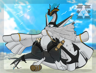 anchor anthro barrel beach belly big_breasts big_hands black_body blue_markings bone breasts broken_chain chain clothing cloud cloudy_sky cuff_(restraint) day digitigrade feathers female fusion genitals harpoon hat_feather headgear headwear light logo long_neck looking_at_viewer loose_feather markings melee_weapon multicolored_body navel nipples pirate pirate_hat pokemon_fusion polearm restraints ring shackles skull sky slightly_chubby slightly_chubby_female smile spear standing sunlight tail tattoo text thick_tail thick_thighs thigh_strap two_tone_body vulva weapon white_body wide_hips wings sentinelwinder nintendo pokemon sonear_(sentinelwinder) avian bird generation_2_pokemon generation_3_pokemon gull hybrid lari larid latias legendary_pokemon lugia pokemon_(species) artist_logo artist_name digital_media_(artwork)
