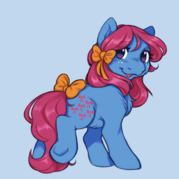 accessory blue_background blue_body blue_fur blue_hooves bow_ribbon chest_tuft cutie_mark eyebrow_through_hair eyebrows eyelashes female female_feral feral freckled_face freckles fur furgonomics hair hair_accessory hair_bow hair_ribbon hooves light looking_back mane no_pupils open_mouth open_smile orange_bow purple_eyes quadruped raised_hoof red_mane red_mouth red_tail ribbons simple_background smile solo tail tail_accessory tail_bow tail_ribbon thin_eyebrows translucent translucent_hair tuft unguligrade white_freckles cabysoft hasbro mlp_g1 my_little_pony bow_tie_(mlp_g1) earth_pony equid equine horse mammal pony 1:1 2022 colored digital_drawing_(artwork) digital_media_(artwork) english_description lighting shaded