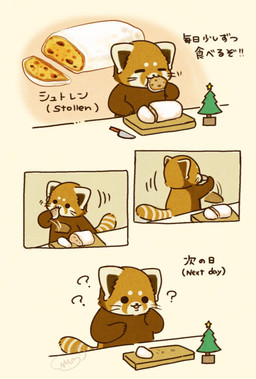 black_eyes black_nose brown_body chibi dot_eyes eating feral food kemono question_mark simple_eyes solo text shi_nominmin ailurid mammal red_panda 2024 comic hi_res japanese_text