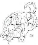 2006 abs anthro biceps bottomwear bulge canid canine canis clothed clothing domestic_dog duo hat headgear headwear humanoid_pointy_ears larger_male lying male male/male mammal muscular on_back pecs plumber poop_(artist) pounce shirt shorts size_difference sketch smaller_male topless topwear wolf