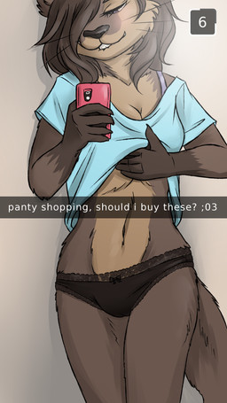 anthro blush bow_panties bow_underwear brown_body brown_fur camel_toe camera_view clothed clothing electronics female fur hair mirror panties phone photo reflection simple_background smile solo text underwear tigerinspace snapchat mammal mustelid otter 9:16 absurd_res digital_media_(artwork) english_text hi_res