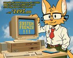 :3 anthro belt bottomwear cheek_tuft clothing cloud computer computer_keyboard computer_monitor computer_mouse desk dress_shirt electronics eyewear facial_tuft furniture glasses green_bottomwear green_clothing green_pants hand_in_pocket head_tuft inner_ear_fluff male male_anthro mousepad necktie pants pockets red_necktie shirt sky skyscape solo speaker table tail tail_tuft text topwear tuft white_clothing white_shirt white_topwear raymodule domestic_cat felid feline felis mammal 2019 english_text