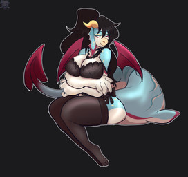 anthro big_breasts big_tail blind blue_body bra breasts clothing disability female hair horn jewelry legwear lingerie ponytail shy solo tail thick_thighs thigh_highs underwear wings kinxarts kohichi mythology raz_(meireynashark) aquatic cetacean dolphin dragon hybrid mammal mythological_creature mythological_scalie oceanic_dolphin orca scalie toothed_whale hi_res