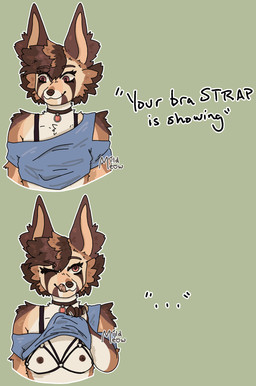 anthro areola blue_clothing blue_topwear breasts brown_areola brown_body brown_eyes brown_fur brown_hair brown_nipples cheek_tuft chest_harness clothed clothing collar eyebrows eyelashes facial_tuft female flashing flashing_breasts fur green_background hair harness looking_at_viewer nipples one_eye_closed simple_background solo text tongue topwear tuft wink winking_at_viewer mildmeow bra_strap_showing_(meme) kit_(onelovelydovely) canid canine fox mammal 2026 absurd_res digital_media_(artwork) english_text handwritten_text hi_res meme