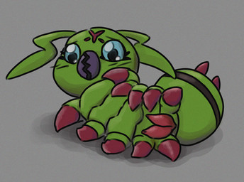 2_penises animal_genitalia animal_penis blue_eyes blush embarrassed erection feral genitals hemipenes lying male multi_genitalia multi_penis on_side penis solo xdustox bandai_namco digimon arthropod digimon_(species) wormmon