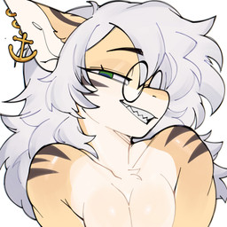 anthro breast_squish breasts collarbone ear_piercing eyelashes eyewear eyewear_only female glasses glasses_only green_eyes grey_hair hair half-closed_eyes long_eyelashes long_hair looking_at_viewer messy_hair narrowed_eyes nude piercing round_glasses sharp_teeth smile smiling_at_viewer solo squish tan_body teeth upper_body wearing_glasses yellow_body chantiyii fish marine shark 1:1 2025 absurd_res colored_sketch digital_drawing_(artwork) digital_media_(artwork) hi_res sketch