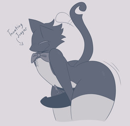 anthro big_butt black_body black_fur blush bow_tie butt chest_tuft fur genitals male penis presenting presenting_penis simple_background solo tail text tuft unusual_anatomy unusual_tail zipper earthpossum deltarune undertale_(series) cat_mike_(deltarune) mike_(deltarune) darkner felid feline mammal english_text hi_res