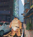 asian_clothing belly building car clothing east_asian_clothing eyewear glasses japanese_clothing male mawashi moobs nipples outside overweight overweight_male solo sumo sumo_wrestler vehicle weapon tuokemao felid mammal pantherine tiger absurd_res hi_res