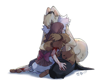 anthro belt blood bodily_fluids brown_hair clothing crying curled_tail duo female fluffy fluffy_chest fur gloves hair handwear hug long_hair male ponytail_ears shirtless tail tears text wounded yellow_body yellow_fur youzaiyouzai112 bandai_namco digimon digimon_ghost_game ruri_tsukiyono digimon_(species) human lagomorph leporid mammal rabbit symbareangoramon 6:5 hi_res japanese_text translation_request