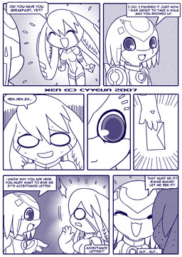 :3 :d ^_^ anthro blush bodily_fluids border butt dialogue duo envelope eyes_closed facial_markings female female_anthro forehead_markings head_markings holding_envelope holding_object huge_ears inner_ear_fluff kemono machine male male_anthro markings nervous nervous_smile nervous_sweat open_mouth scared smile speech_bubble surprised sweat tail talking_to_another text tuft white_border cyyeun xen_(series) fio_(xen) switch_(xen) lagomorph leporid mammal rabbit robot robot_anthro 2007 blue_and_white blue_monochrome comic dated english_text monochrome