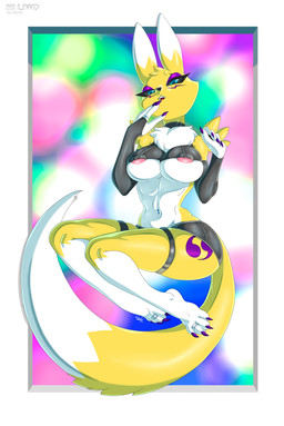 anthro areola armwear big_breasts black_armwear black_bottomwear black_clothing black_sclera black_skirt black_topwear blue_eyes border bottomwear breasts chest_tuft clothing colored_nails digit_ring dipstick_ears dipstick_tail ear_markings eyelashes eyeshadow facial_markings feet female front_view fur head_markings jewelry leg_markings looking_at_viewer makeup markings multicolored_ears nails navel navel_piercing nipple_slip nipples open_mouth piercing pink_areola pink_nipples purple_eyeshadow purple_nails ring sitting skirt socks_(marking) solo tail tail_markings thick_thighs toe_ring toes topwear tuft under_boob white_body white_border white_fur wide_hips yellow_body yellow_fur hiliwd bandai_namco digimon digimon_(species) renamon hi_res