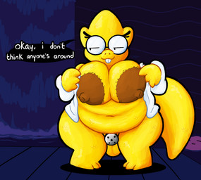 anthro areola balls belly big_areola big_belly big_breasts bottomless bottomless_gynomorph bottomless_intersex breasts brown_areola brown_nipples buckteeth chastity_cage chastity_device clothed clothing coat dark_areola dialogue exhibitionism eyelashes eyewear flat_chastity_cage genitals glasses gynomorph huge_areola huge_breasts intersex knock-kneed lab_coat looking_away metal_chastity_cage mostly_nude navel nerd nipples obese obese_anthro obese_gynomorph obese_intersex oblivious overweight overweight_anthro overweight_gynomorph overweight_intersex scales solo solo_focus speech_bubble tail talking_to_viewer teeth text topwear undressing waterfall wearing_glasses yellow_balls yellow_body yellow_breasts pincoosh undertale undertale_(series) alphys ferry_(undertale) lizard reptile scalie absurd_res digital_media_(artwork) english_text hi_res signature