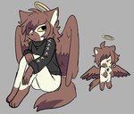 ambiguous_gender anthro brown_body brown_fur brown_hair brown_wings chibi fur hair halo sitting solo tan_body tan_fur wings bloowolfy angel domestic_cat felid feline felis mammal 2023 hi_res