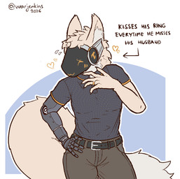 anthro blush clothed clothed_anthro clothed_male clothing collared_shirt cybernetic_arm cybernetic_limb cybernetics digit_ring fully_clothed fully_clothed_anthro fully_clothed_male hand_on_hip heart_symbol husband jewelry machine male married ring shirt simple_background solo standing text topwear wedding_ring warjenkins thao_(warjenkins) animal_humanoid humanoid protogen 2026 english_text hi_res