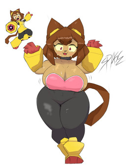 anthro big_breasts black_bottomwear black_clothing black_nose black_pants bodily_fluids bottomwear breasts brown_hair cleavage clothed clothing cosplay crossover_cosplay eyebrows eyewear eyewear_on_head female front_view goggles goggles_on_head hair open_mouth pants pose short_hair simple_background solo sweat tongue white_background spikex gameoverse glitch_productions sega sonic_the_hedgehog_(series) kit_bodega rouge_the_bat felid feline mammal crossover hi_res