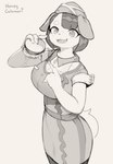 anthro big_breasts breasts burger clothing female food hair hat headgear headwear looking_at_viewer open_mouth simple_background smile solo standing tail text uniform honeycalamari canid canine canis domestic_dog mammal hi_res monochrome signature