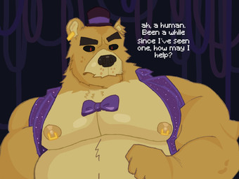 anthro belly bow_tie chest_tuft clothed clothing ear_piercing eyebrows fur hat headgear headwear machine male muscular muscular_anthro muscular_male nipple_piercing nipples overweight overweight_anthro overweight_male piercing red_eyes solo text thick_eyebrows top_hat tuft yellow_body yellow_fur crococola five_nights_at_freddy's scottgames fredbear_(fnaf) animatronic bear mammal robot english_text hi_res