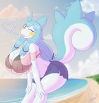 anthro beach bent_over big_breasts big_tail biped blue_body blue_fur blue_hair breasts cleavage clothed clothing cloud female fur generation_4_pokemon hair heart_symbol hi_res huge_breasts looking_at_viewer mammal nintendo one_eye_closed pachirisu pokemon pokemon_(species) raised_tail rodent seaside sky smile snackbunnii solo sunset tail tongue tongue_out water white_body white_fur
