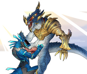 2_penises animal_genitalia animal_penis anthro anthro_on_anthro armor blue_body bodily_fluids cum cum_drop cum_on_body cum_on_partner cum_string cumshot_on_face duo genital_fluids genital_slit genitals glowing glowing_markings gold_(metal) gold_armor hemipenes jewelry knot knotted_penis machine male male/male markings mechanical_arm metallic_body multi_genitalia multi_penis neck_ring oral penis prosthetic prosthetic_limb red_eyes shoulder_armor spiked_armor spikes spikes_(anatomy) tail text ket-dawnatsunset total_war:_warhammer warhammer_(franchise) kroq_gar ryker_the_synth lizardman robot robot_anthro saurus saurus_(warhammer) scalie synth_(vader-san) 2025 artist_name digital_drawing_(artwork) digital_media_(artwork) hi_res url