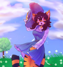 anthro bell bell_collar blue_clothing blue_dress breasts clothing cloud collar dandelion day dress female flower grass hat headgear headwear open_mouth outside plant solo surprised tail waffl3sk4t alice_(waffl3sk4t) felid mammal pantherine tiger 2026 absurd_res digital_media_(artwork) hi_res