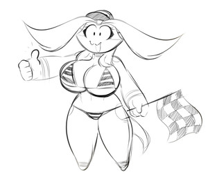 anthro big_breasts breasts checkered checkered_flag clothing eyebrows female flag flag_(object) gesture hair hand_gesture hat headgear headwear holding_flag holding_object huge_breasts markings smile solo swimwear thumbs_up two-piece_swimsuit averyshadydolphin mythology aijou dragon jou mythological_creature mythological_scalie scalie 2017 digital_drawing_(artwork) digital_media_(artwork) monochrome sketch unavailable_at_source