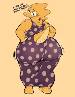 anthro big_butt butt clothing dress eyewear female glasses huge_butt lipstick looking_at_viewer looking_back makeup solo tail text animaten_saine undertale_(series) alphys lizard reptile scalie english_text hi_res