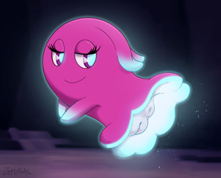 anus bedroom_eyes butt female genitals glowing hair looking_at_viewer narrowed_eyes not_furry pink_body presenting presenting_hindquarters presenting_vulva purple_eyes seductive smile solo vulva zeklullaby bandai_namco pac-man_(series) pac-man_and_the_ghostly_adventures pinky_(pac-man) ghost spirit digital_media_(artwork)