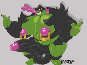 abs anthro balls big_balls big_muscles big_nipples big_pecs big_penis black_body bodily_fluids drooling facial_markings fangs fluffy fluffy_tail genitals gesture glans glistening glistening_balls glistening_genitalia green_body hand_gesture head_markings huge_balls huge_muscles huge_nipples huge_pecs huge_penis humanoid_genitalia humanoid_penis hyper hyper_balls hyper_genitalia hyper_muscles hyper_pecs hyper_penis looking_at_viewer male markings muscular muscular_male navel nipple_piercing nipple_ring nipples pawpads pecs penis piercing pointing pointy_ears ring_piercing saliva simple_background smile solo standing tail teeth vein veiny_penis merong nintendo pokemon generation_9_pokemon legendary_pokemon okidogi pokemon_(species) 4:3