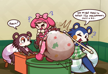 anthro apron big_diaper blue_body blue_quills blush bodily_fluids booties bow_ribbon cheek_tuft clothing diaper dress embarrassed eyes_closed facial_tuft feces female frilly frilly_clothing frilly_dress furniture group hoodie leaf_symbol legwear nervous nervous_sweat one_eye_closed open_mouth platform pooping sewing_machine sewing_needle soiled_diaper soiling soiling_diaper stockings stool sweat tape_measure text topwear trio tuft unclean_diaper used_diaper using_diaper dummydoodles animal_crossing nintendo mabel_able sable_able villager_(animal_crossing) eulipotyphlan hedgehog human mammal english_text