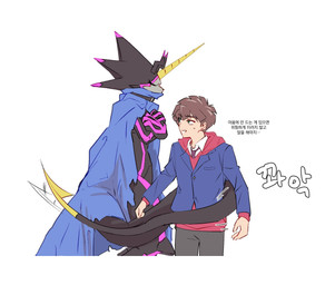 anthro black_body blue_cape blue_clothing brown_hair cape clothing duo eyes_closed green_eyes hair horn male simple_background tail tail_coil tail_motion tailwag text weapon_tail white_background noire02_a bandai_namco digimon hiro_amanokawa digimon_(species) gulusgammamon human mammal hi_res