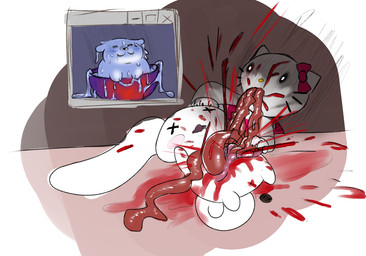 ambiguous_gender anthro anus biped black_sclera blood blue_body bodily_fluids bow_(feature) bowl cannibalism container corpse dot_eyes female floppy_ears fur gore group guts long_ears looking_at_another lop_ears lying male mouth_closed murderer on_back open_mouth organs simple_eyes trio whiskers white_body white_eyes white_fur window_(computing) x_anus x_eyes galo cinnamoroll hello_kitty_(series) sanrio cinnamon_(cinnamoroll) hello_kitty_(character) canid canine canis domestic_cat domestic_dog felid feline felis lagomorph leporid mammal 2025
