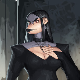 5_fingers abstract_background alternative_fashion anthro armwear black_hair black_nails breasts bridal_gauntlets choker cleavage clothed clothing colored_nails dress ear_piercing ear_ring eyeliner female fingers fur goth grey_body grey_fur hair hand_on_chest jewelry lips long_hair makeup mature_female nails necklace piercing red_eyes ring ring_piercing simple_background solo thick_lips redustheriotact alexandria_(redustheriotact) haplorhine mammal monkey primate 2023 hi_res