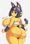 animal_crossing ankha_(animal_crossing) anthro big_breasts big_butt breasts butt digital_media_(artwork) domestic_cat felid feline felis female glistening glistening_body glistening_butt glistening_legs hair hi_res looking_at_viewer looking_back mammal nintendo rivy_k simple_background solo tail text thick_thighs white_background wide_hips yellow_body yellow_butt