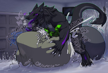 anal anthro balls big_balls bodily_fluids cum cum_from_mouth cum_in_mouth cum_inflation cum_inside cum_on_ground duo excessive_cum excessive_genital_fluids genital_fluids genitals huge_balls hyper hyper_balls hyper_genitalia inflation inside male male/male penetration size_difference text uncommoncritter raizen_t'laaren silver_fang_(furry1997) canid canine fox mammal sergal